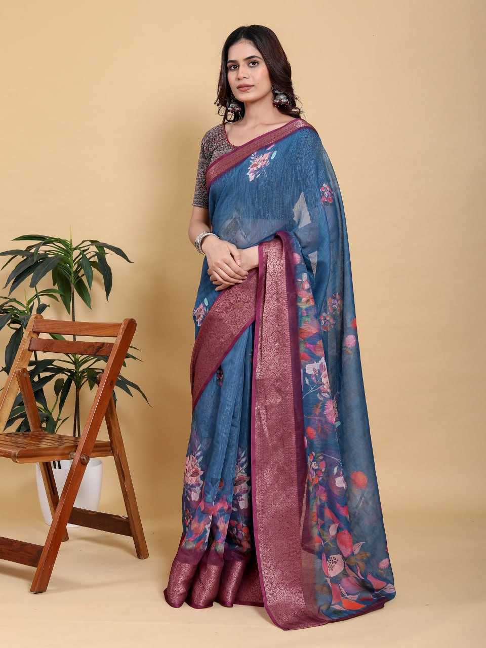 Jacquard Patta Linen Cotton Saree with Digital Floral Print & Maroon Zari Border