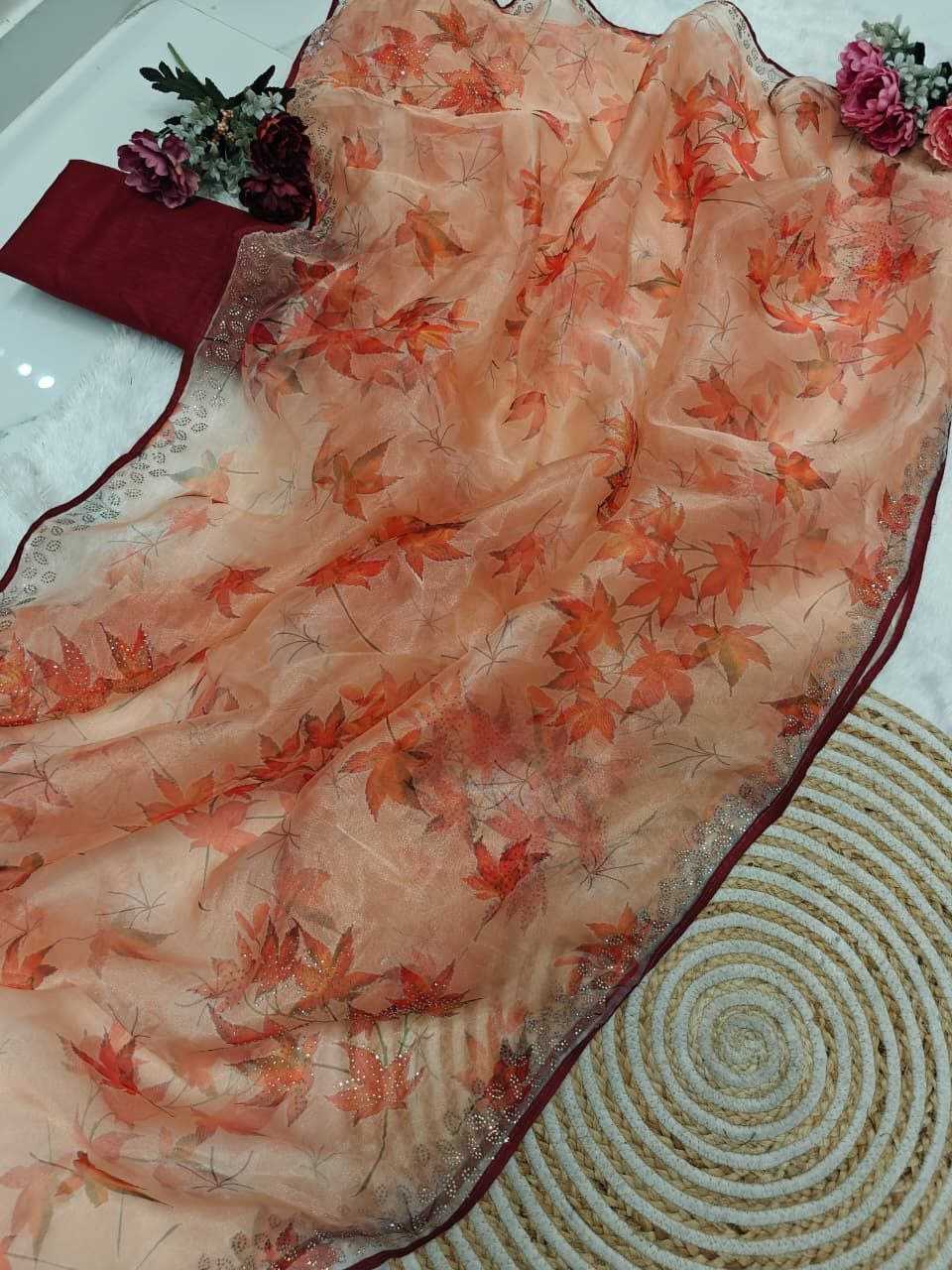 Soft Bright Organza Saree with Floral Print & Swarovski Work