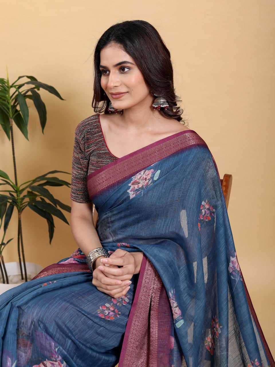 Jacquard Patta Linen Cotton Saree with Digital Floral Print & Maroon Zari Border
