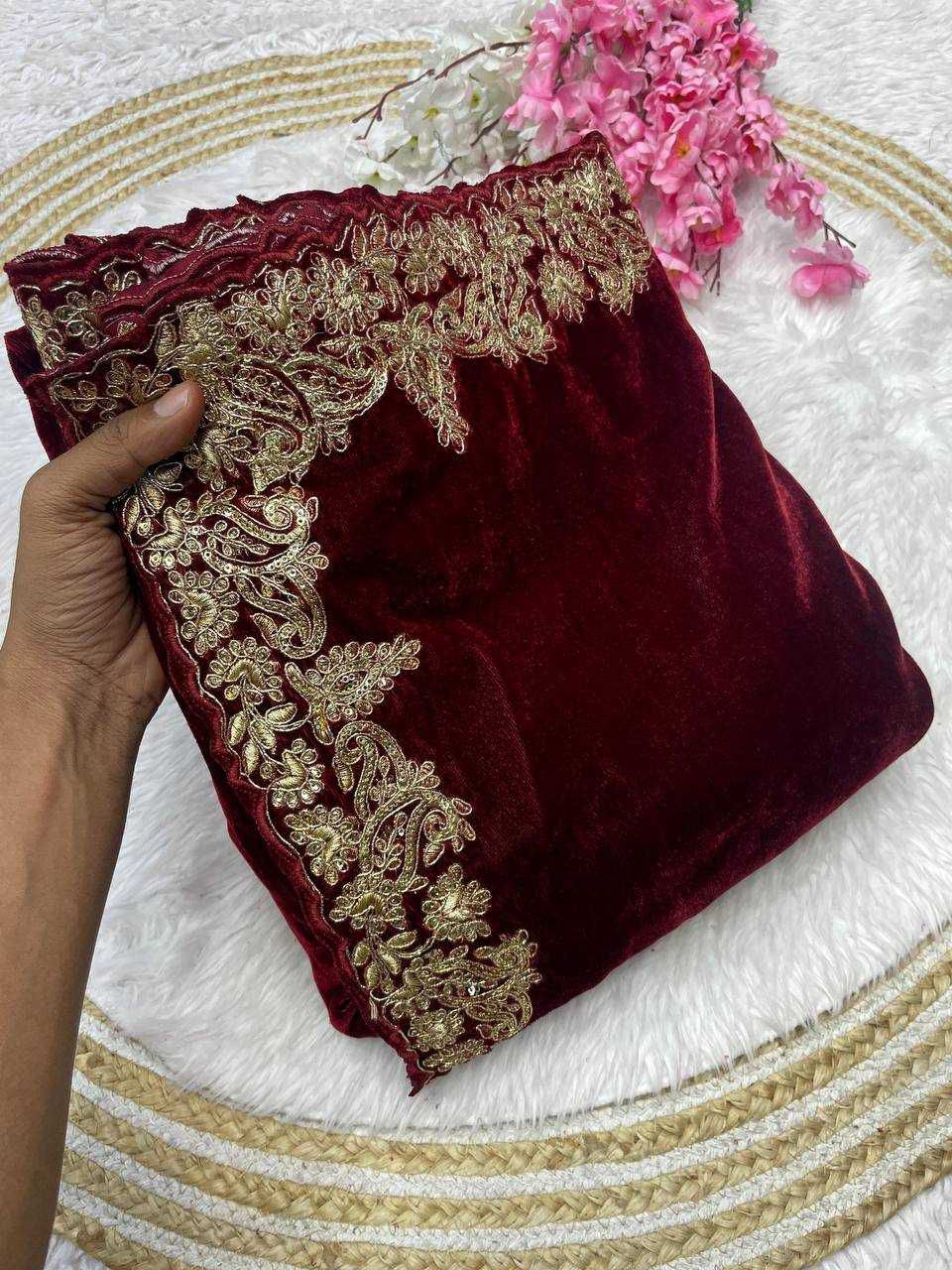 Designer 9000 Velvet Saree with Sequins, Embroidery Zari C-Pallu and Cutwork Border