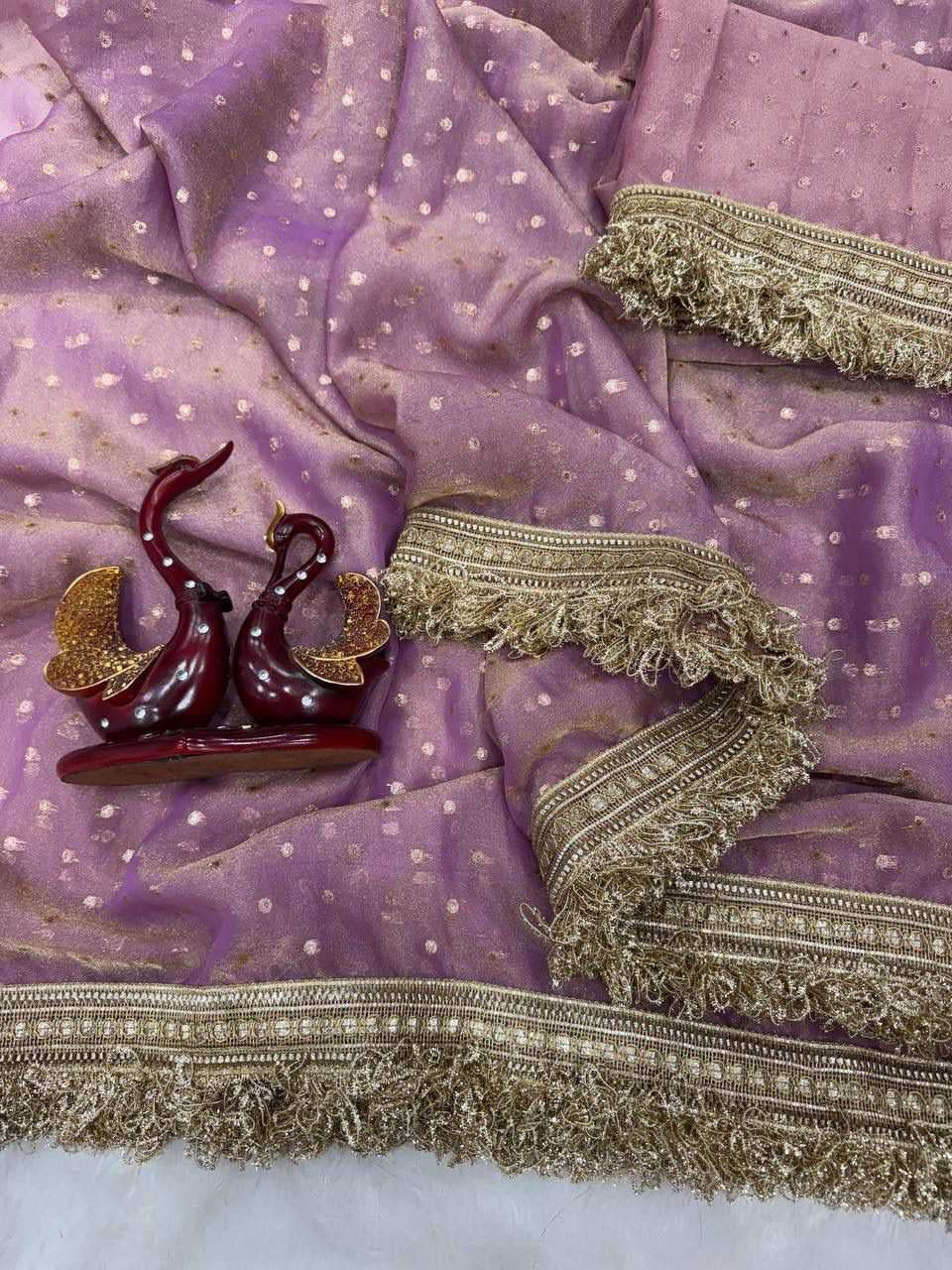 Premium Moss Silk Saree with Jacquard Butti Work & Fancy Lace Border