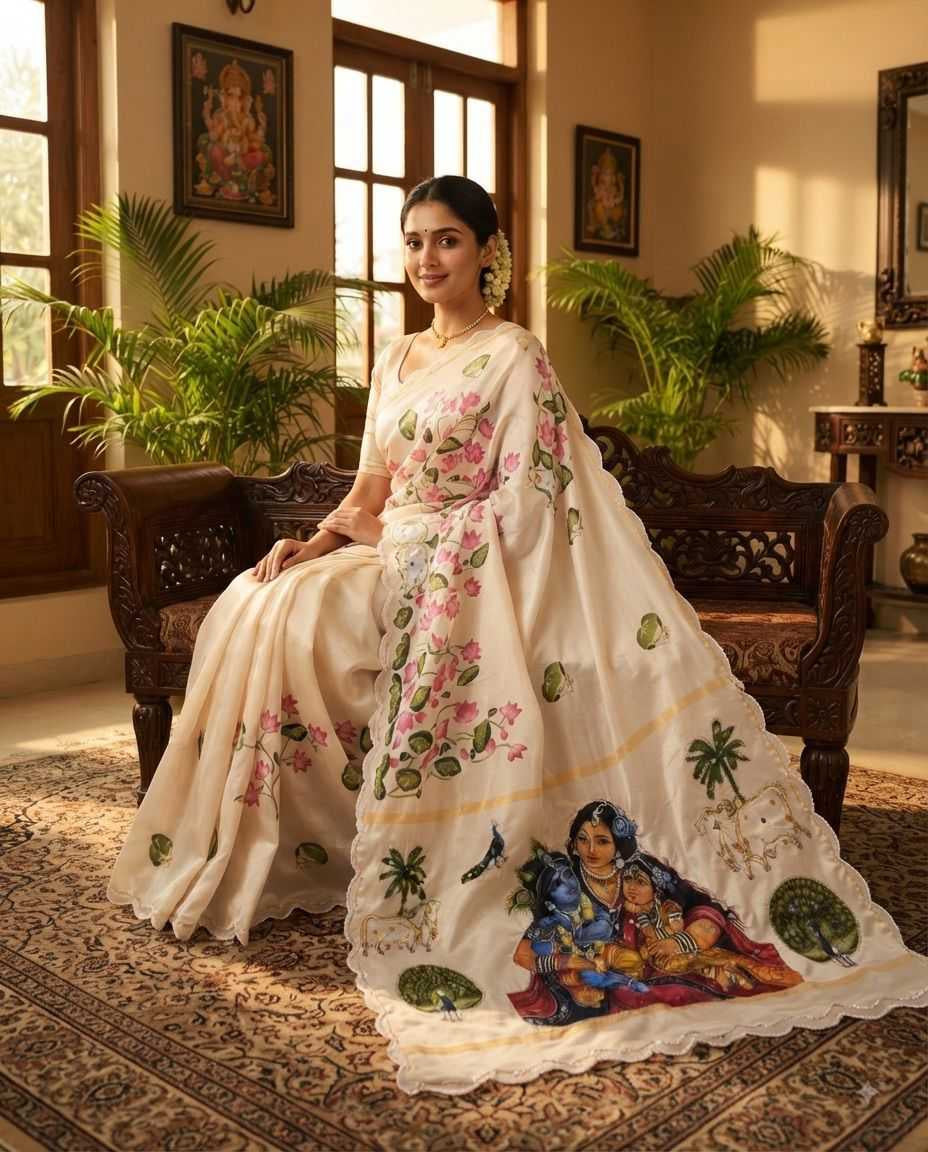 Soft Silk Saree with Shrinathjee Matching Print & Heavy Mirror Work Blouse
