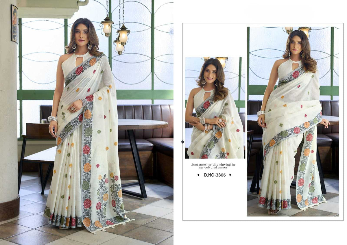 Heavy Linen Jacquard Handloom Saree with Fancy Tassels