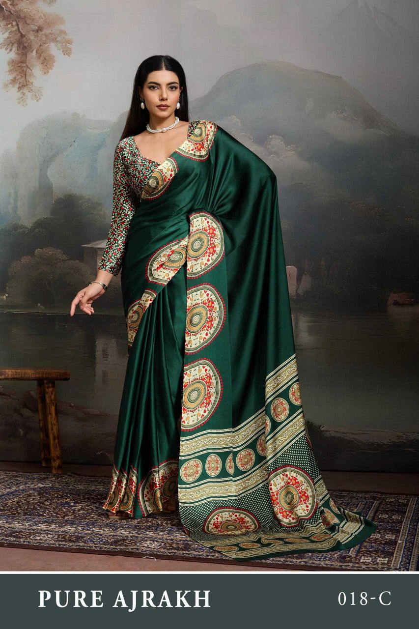 Modal Satin Ajrakh Print Saree with Matching Blouse