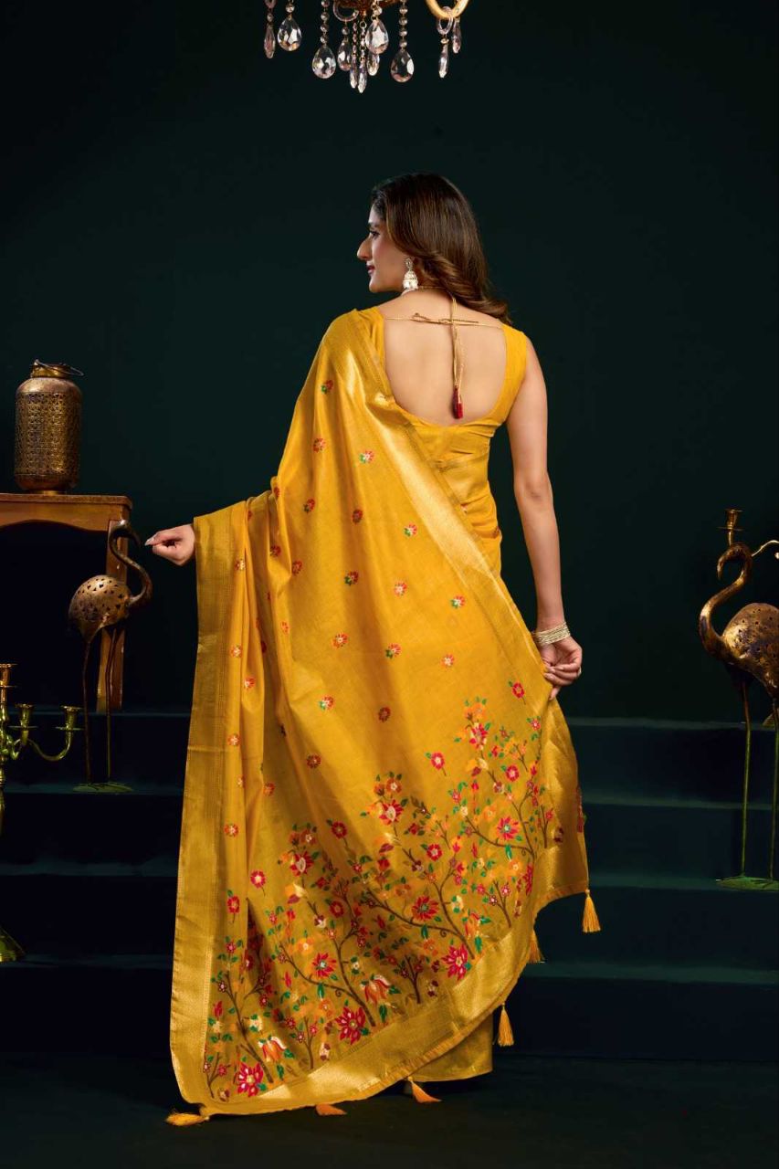 Heavy Munga Cotton Saree with Mina Work, Jari Border & Fancy Pompom Finish
