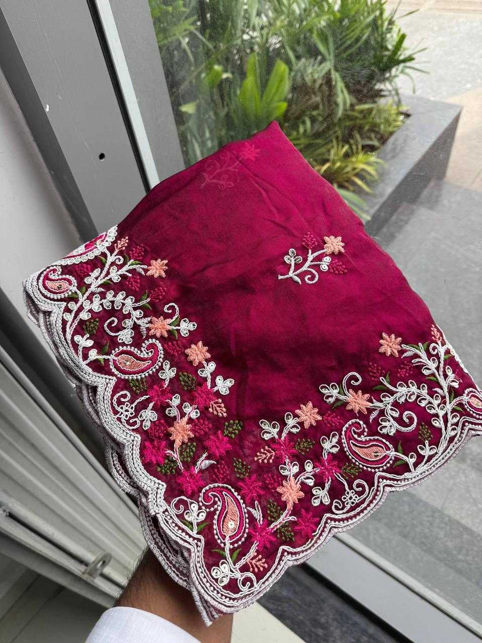 Premium Space Silk Saree with C-Pallu Embroidery & Cutwork Border