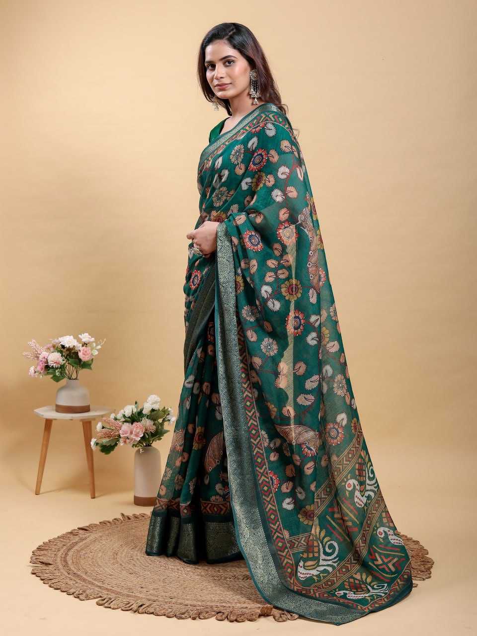 Jacquard Patta Linen Cotton Saree with Floral & Geometric Digital Print and Patola-Inspired Pallu