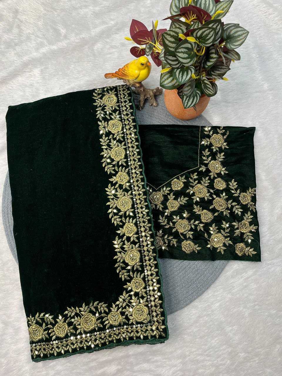 Designer Viscose Velvet Saree with Sequins and Jari Dori Embroidery