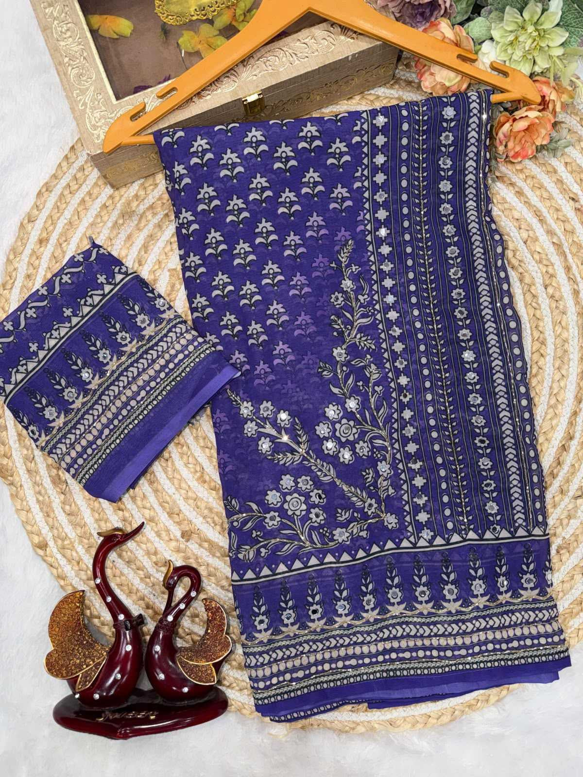 Premium Heavy Soft Georgette Saree with Digital Print, Katdana & Real Mirror Work