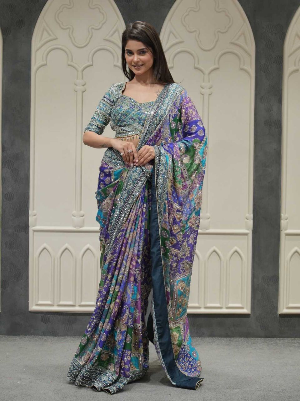 Premium Chinnon Saree with Gold Zari & Handcrafted Mirror Work