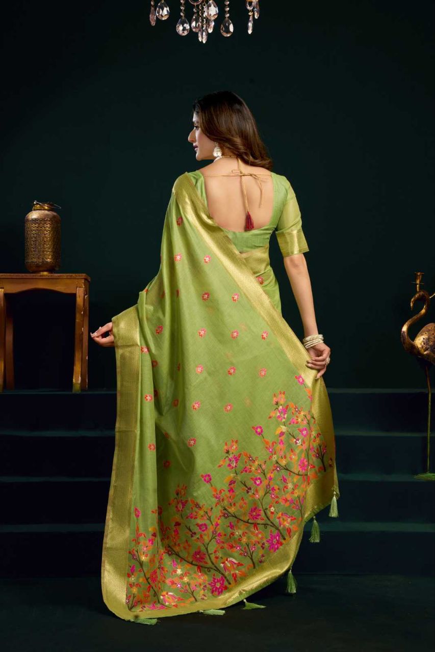 Heavy Munga Cotton Saree with Mina Work, Jari Border & Fancy Pompom Finish
