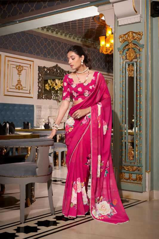 Georgette Printed Saree with Pearl Lace Border & Matching Blouse
