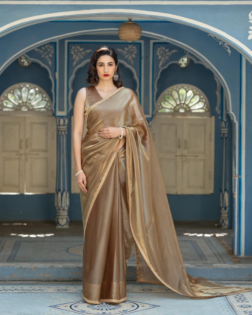 Coffee Saree in Pure Jimmy Silk With Lace Border Party Wear Saree in Coffee