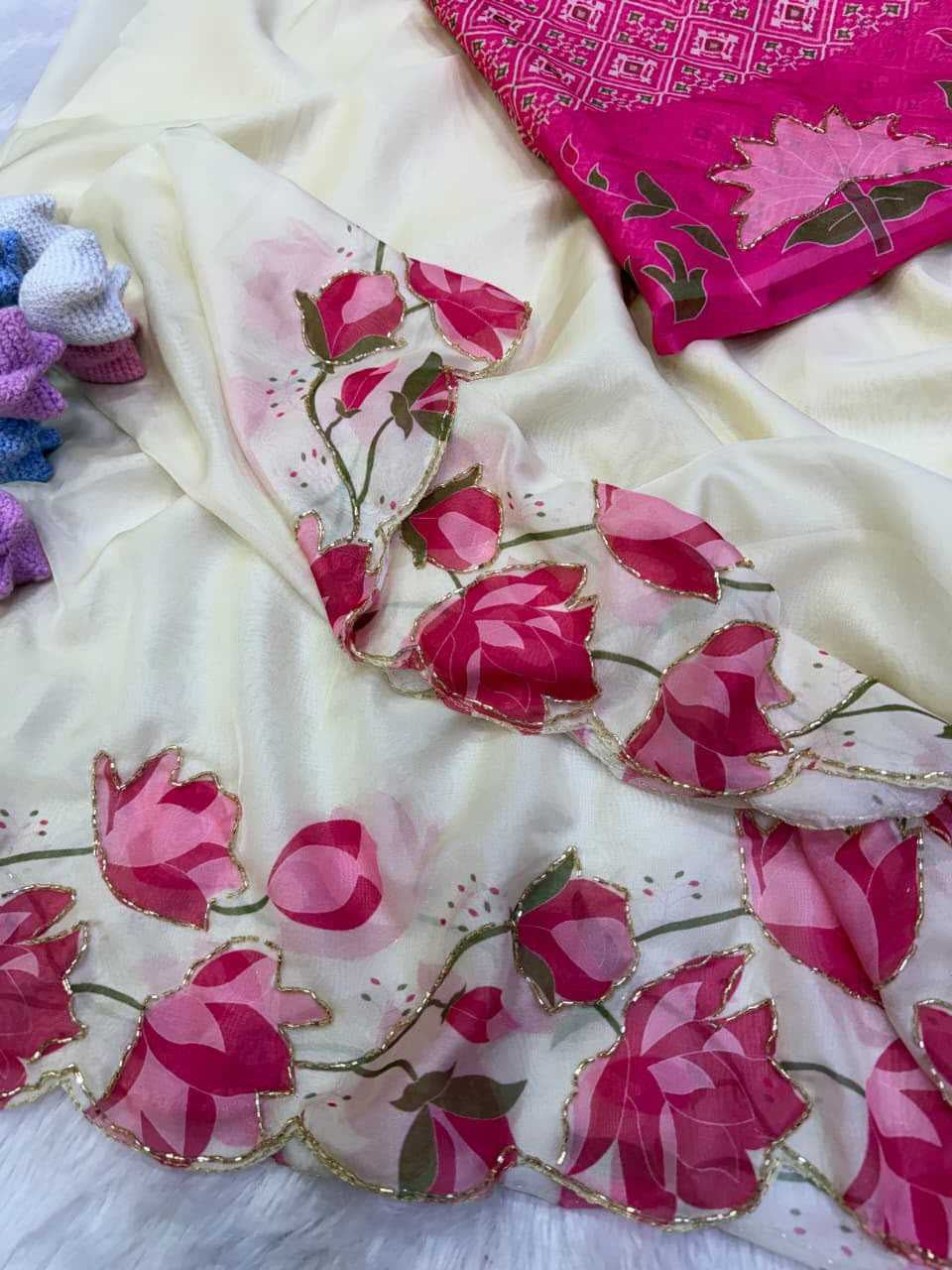 Premium Tabby Silk Saree with Floral Print, Beads & Katdana Handwork