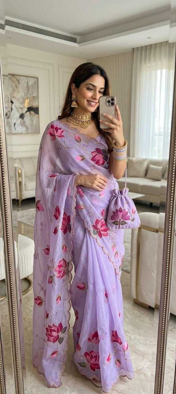 Georgette Digital Print Saree with Handwork Khatli & Cutdana Border