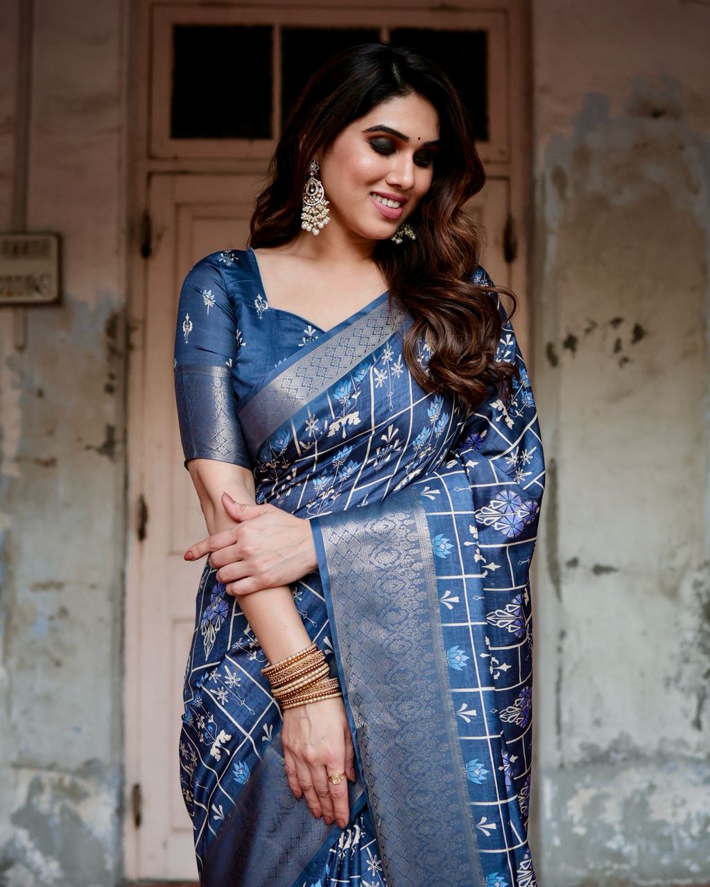 Navy Blue Color Pure Silk Digital Printed Party Wear Saree