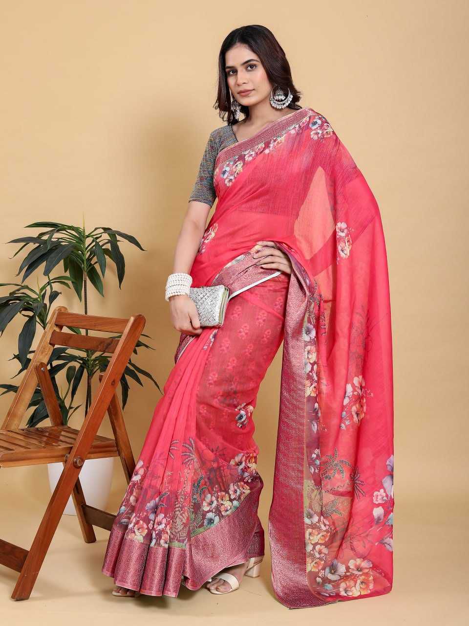 Jacquard Patta Linen Cotton Saree with Large Floral Digital Print & Contrast Sea Green Zari Border