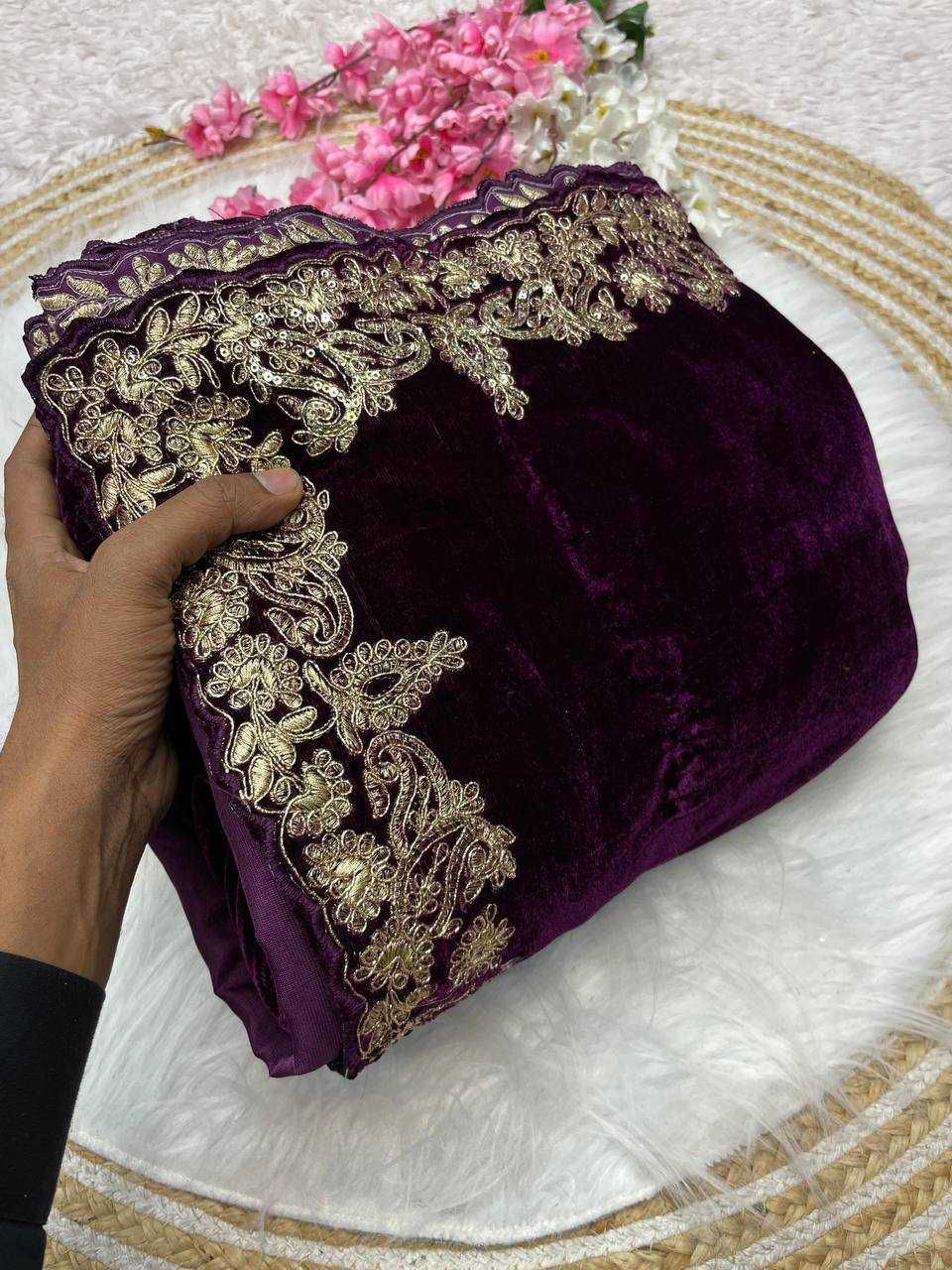 Designer 9000 Velvet Saree with Sequins, Embroidery Zari C-Pallu and Cutwork Border