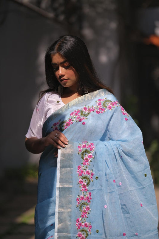 Embroidery Soft Linen Designer Sarees