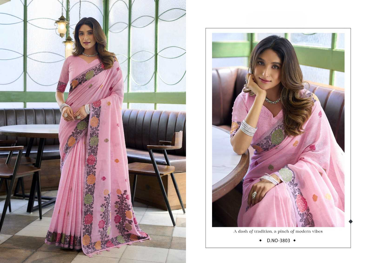Heavy Linen Jacquard Handloom Saree with Fancy Tassels