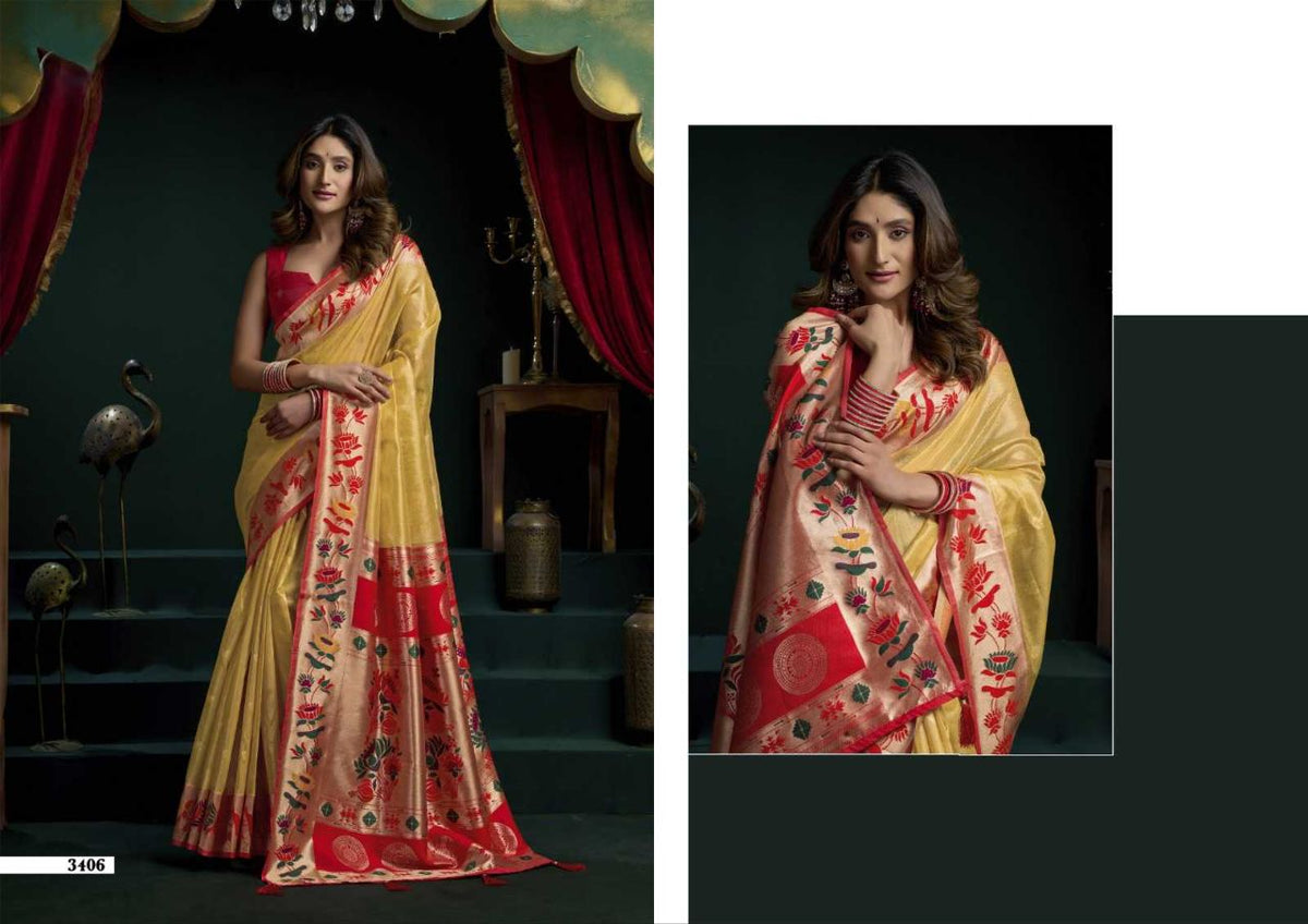 Heavy Tissue Paithani Saree with Lotus Zari Border & Stylish Pompom Detailing