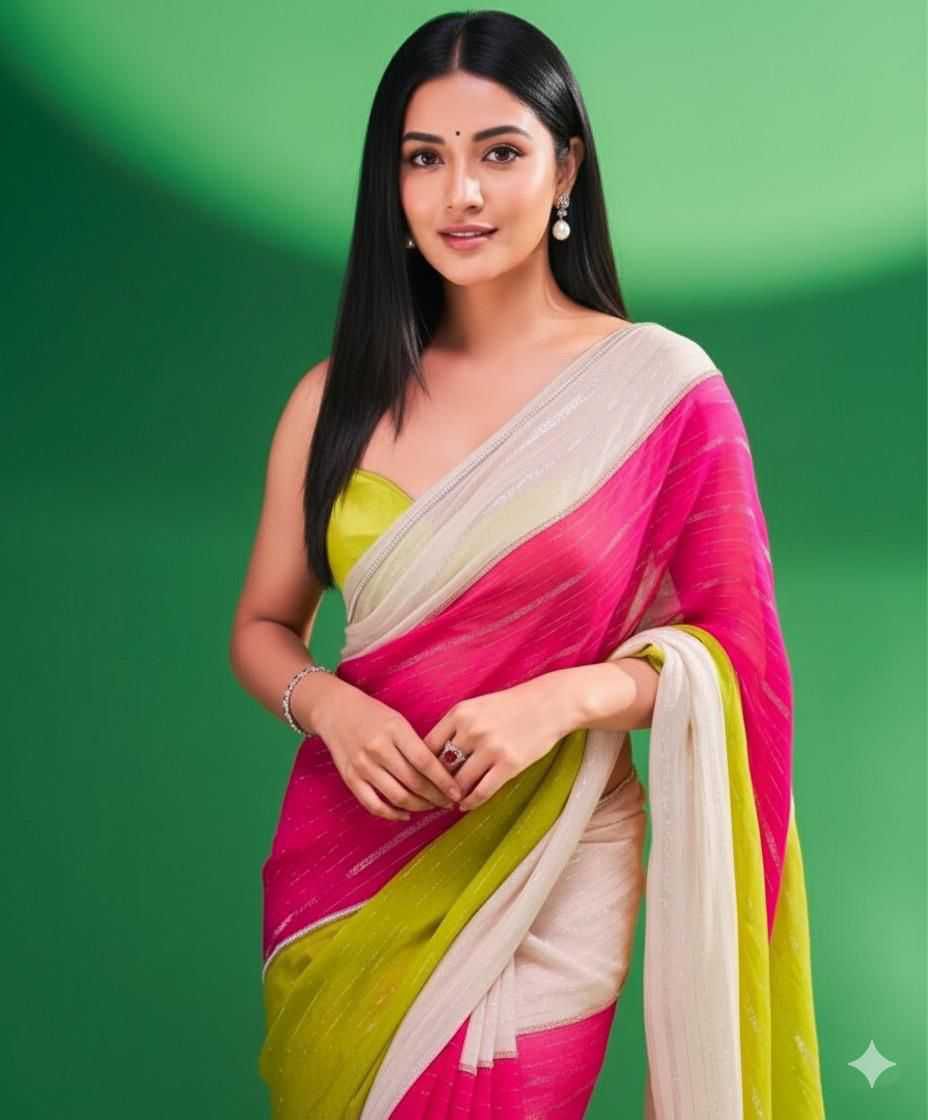 Pushpa Designer Blooming Georgette Saree with Zari Weave Stripes and Satin Border