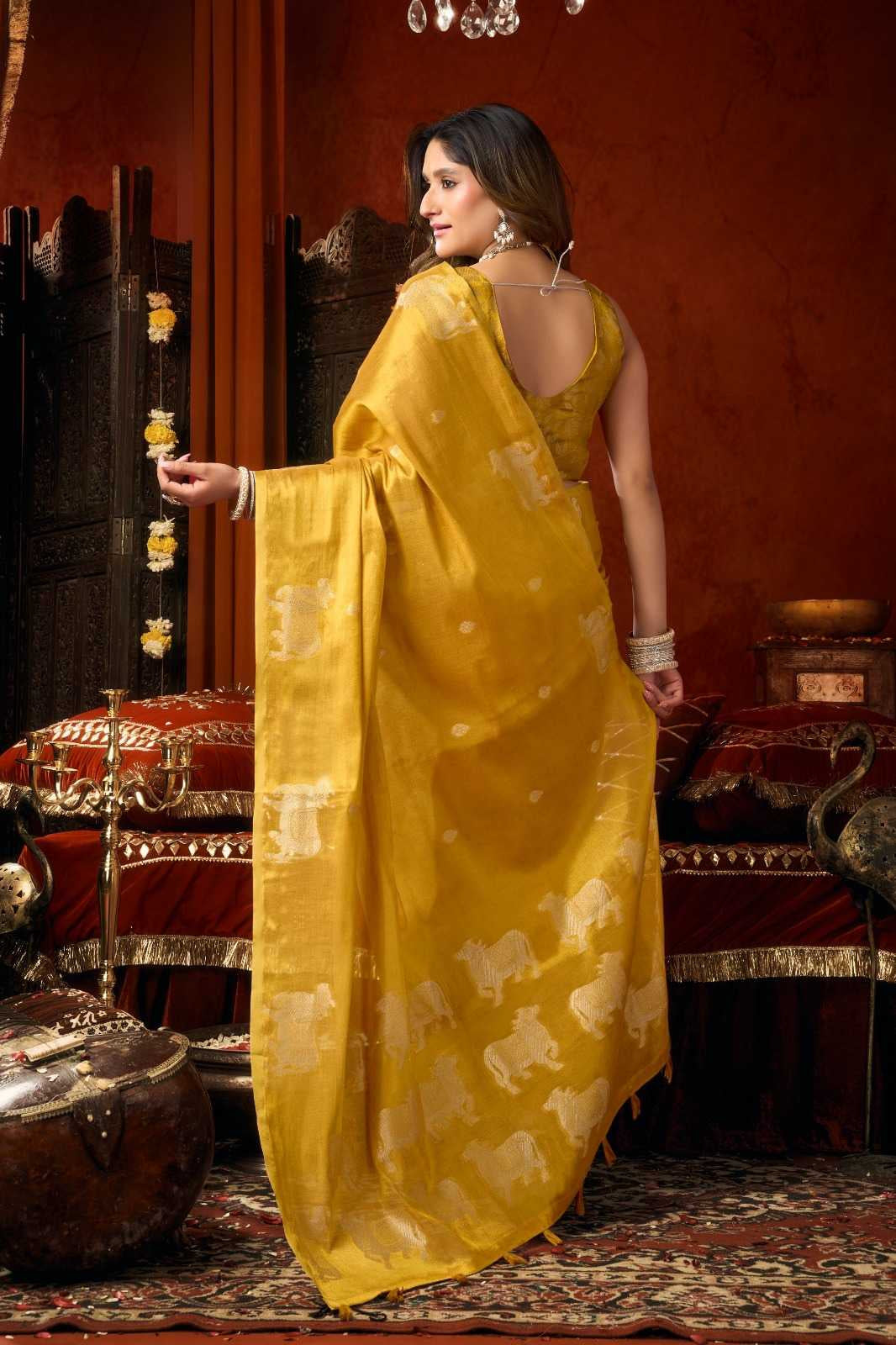 Heavy Tissue Saree with All-Over Cow Butta, Jacquard Weaving & Fancy Tassels