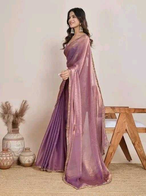Elegant Twill Net Saree with Gold Lace Work & Matching Blouse