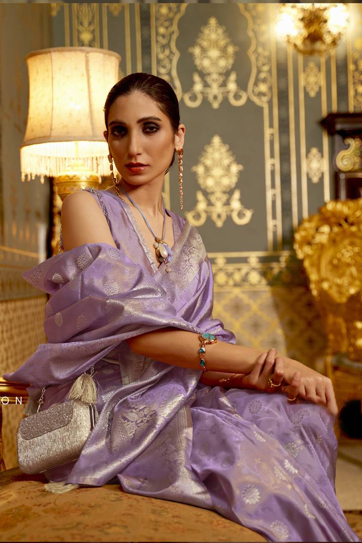 Purple Woven Satin Saree With Blouse