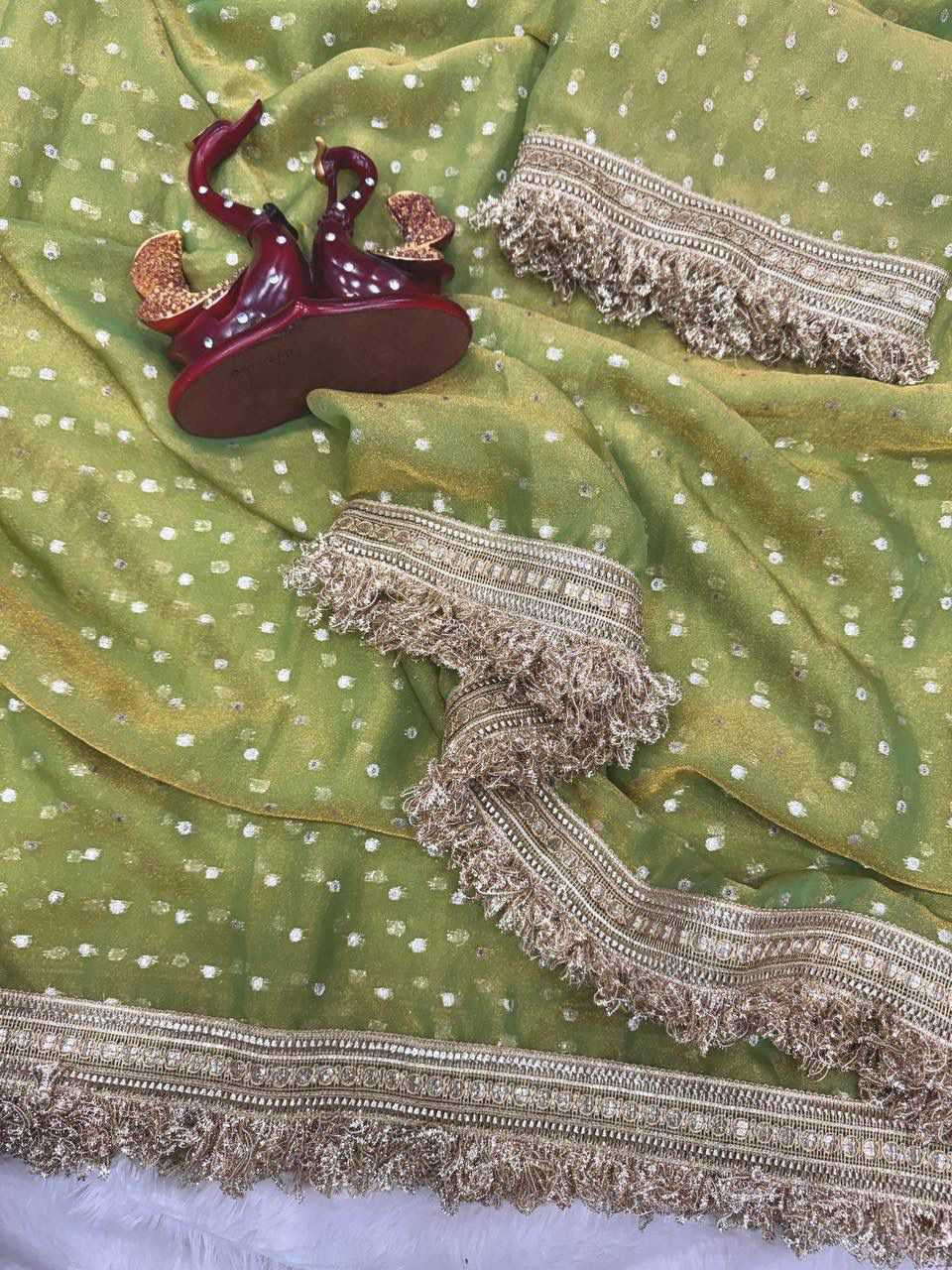 Premium Moss Silk Saree with Jacquard Butti Work & Fancy Lace Border