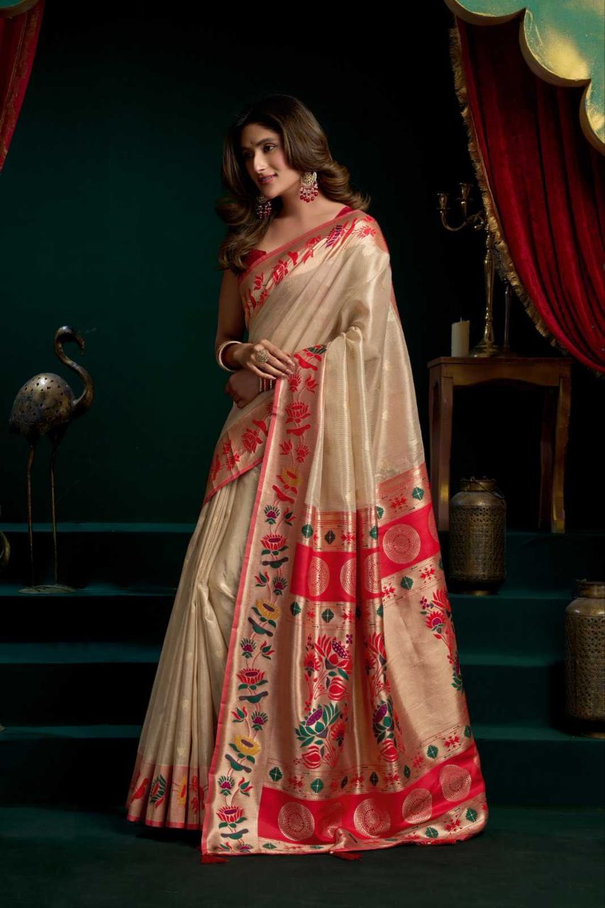 Heavy Tissue Paithani Saree with Lotus Zari Border & Stylish Pompom Detailing
