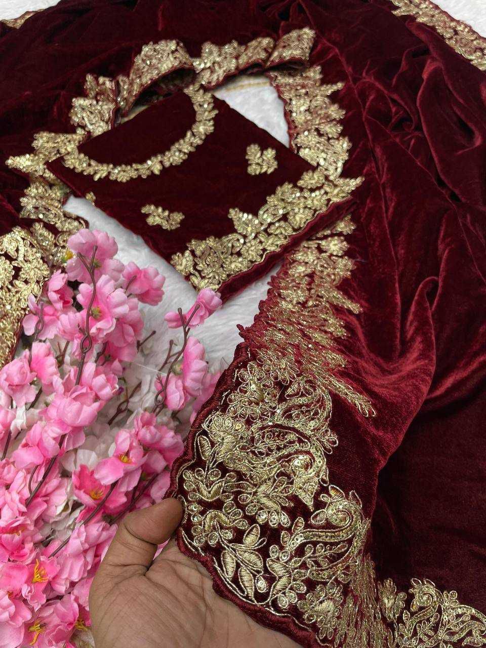 Designer 9000 Velvet Saree with Sequins, Embroidery Zari C-Pallu and Cutwork Border