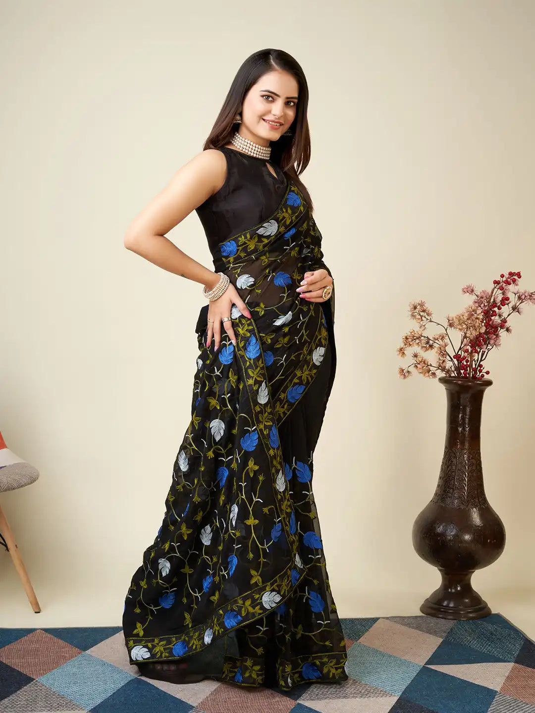 Premium Faux Georgette Saree with Kashmiri Work & Piping Border