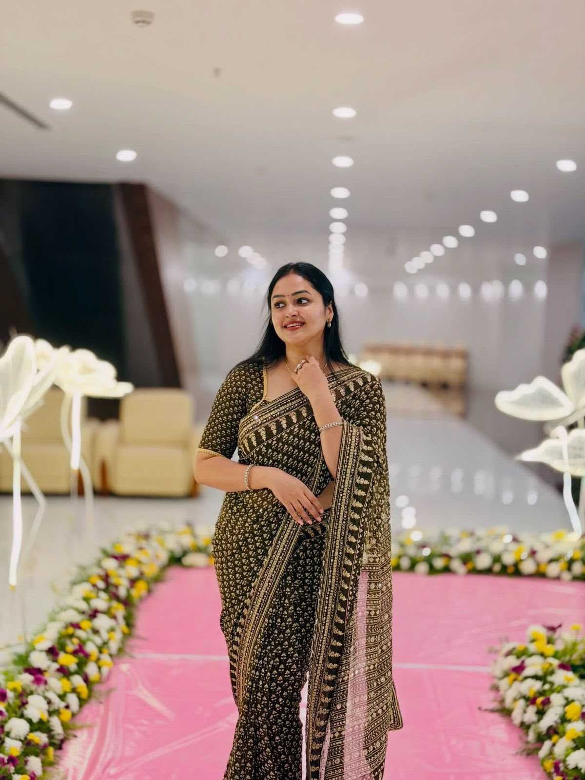 Premium Heavy Soft Georgette Saree with Digital Print, Katdana & Real Mirror Work