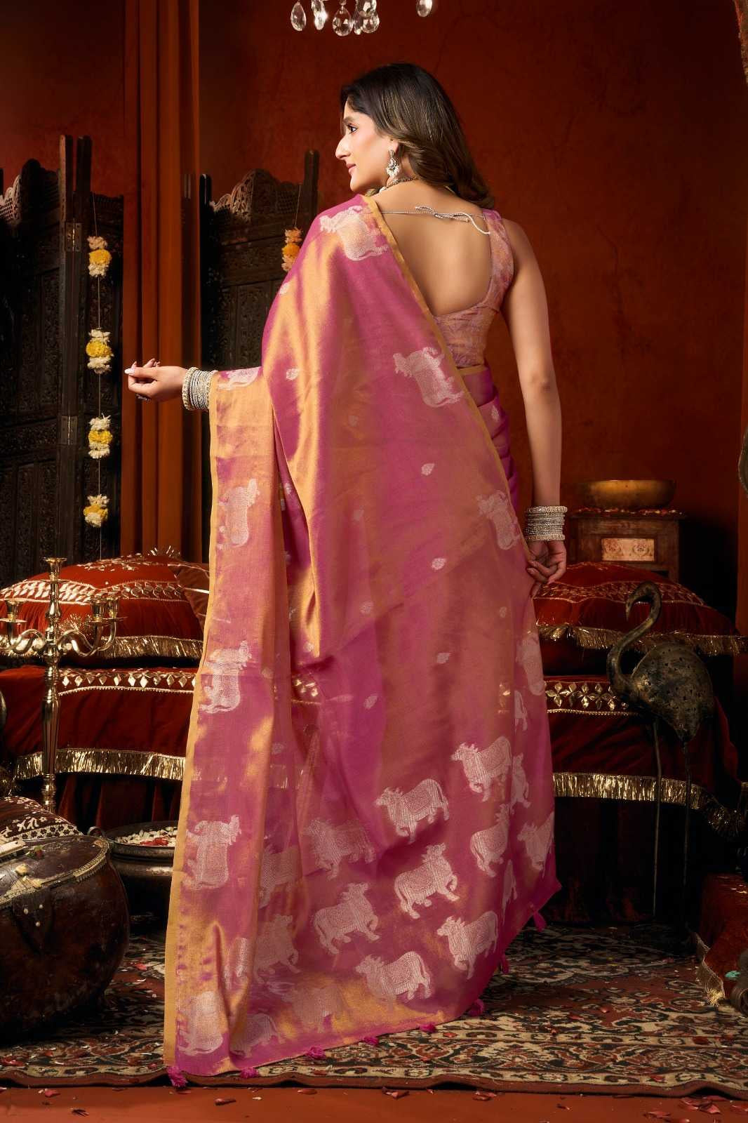 Heavy Tissue Saree with All-Over Cow Butta, Jacquard Weaving & Fancy Tassels