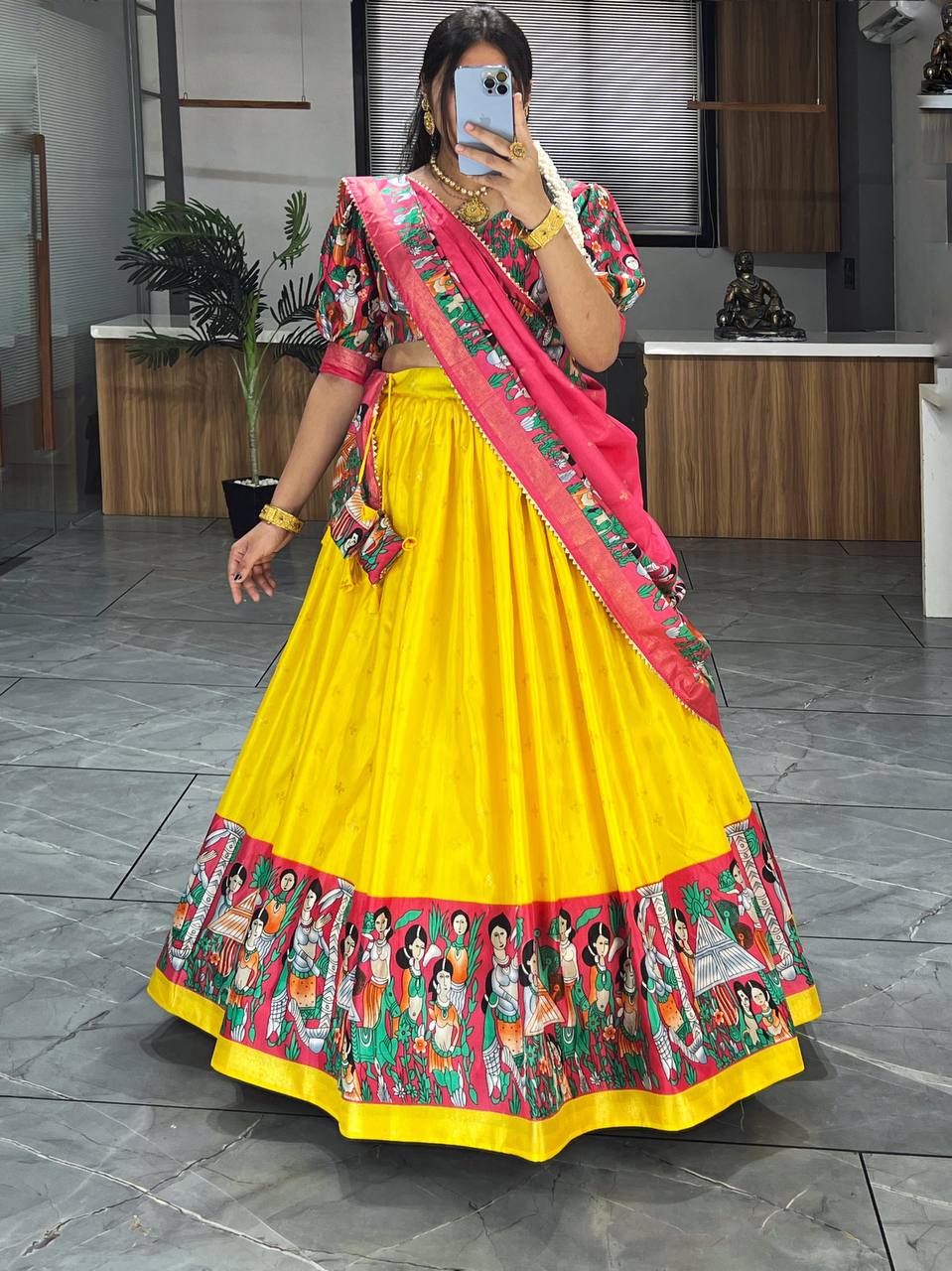 Gorgeous Yellow Kalamkari Printed silk Festive Wear Lehenga Choli