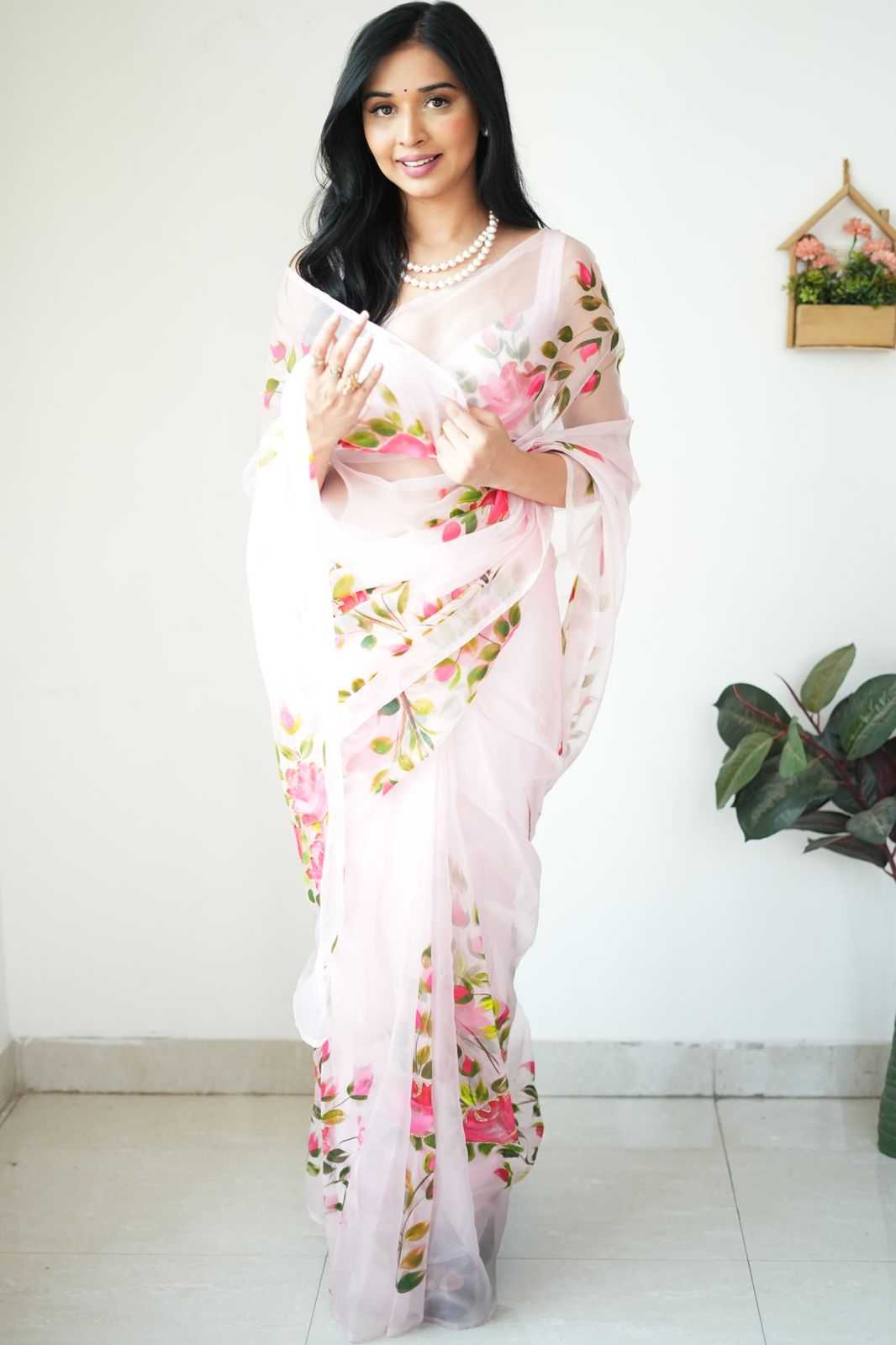 White Organza Ready-to-Wear Printed Saree with Matching Blouse