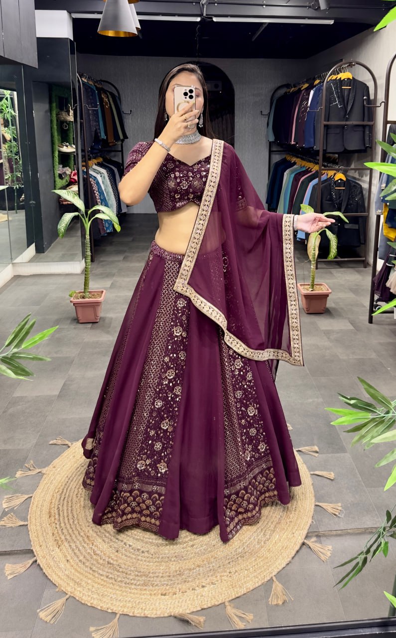 Eilara Women's Wine Georgette With Sequins And Embroidery Work Designer Lehenga Choli