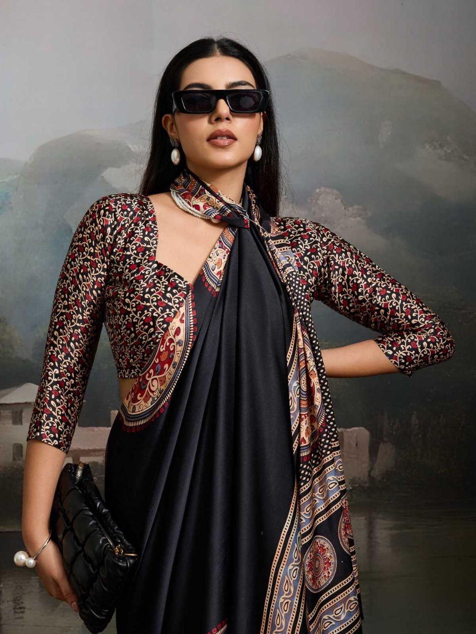 Modal Satin Ajrakh Print Saree with Matching Blouse