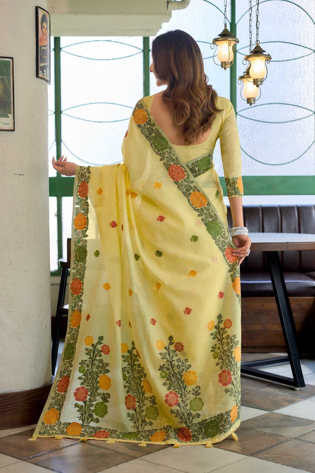 Heavy Linen Jacquard Handloom Saree with Fancy Tassels