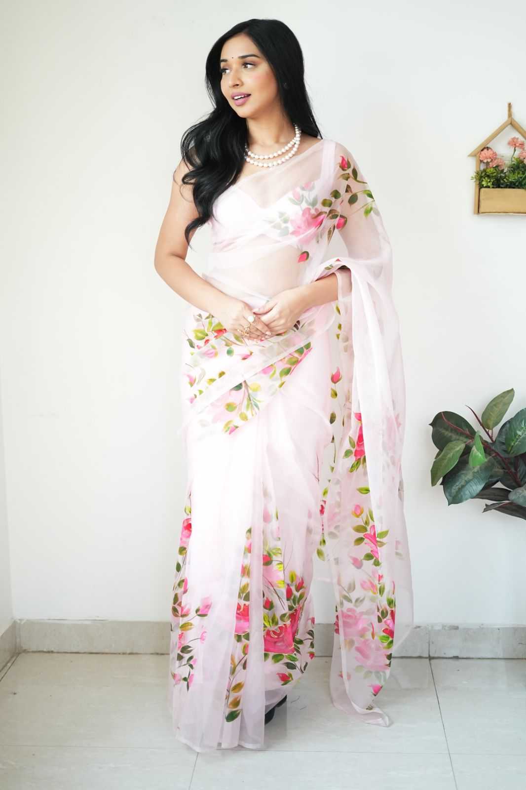 White Organza Ready-to-Wear Printed Saree with Matching Blouse