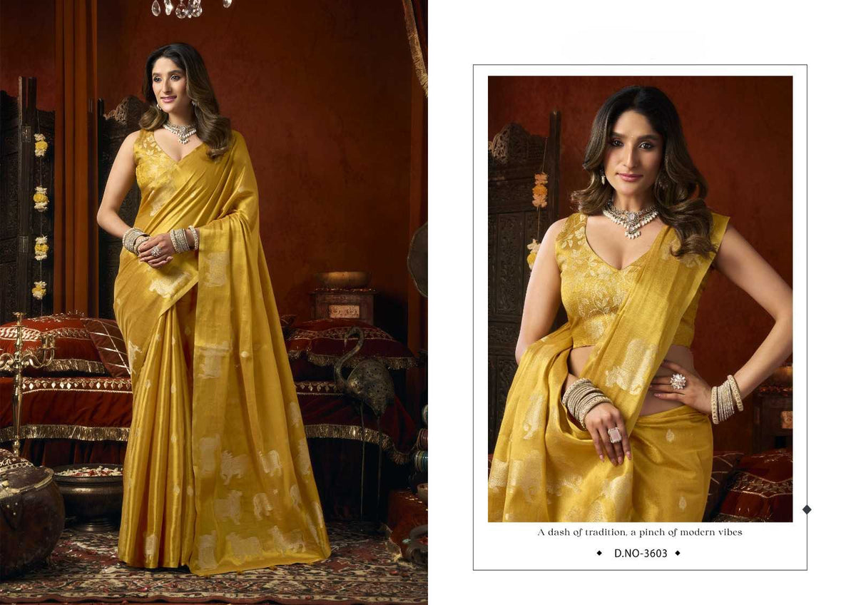 Heavy Tissue Saree with All-Over Cow Butta, Jacquard Weaving & Fancy Tassels