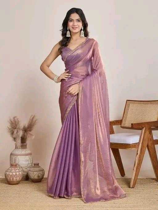 Elegant Twill Net Saree with Gold Lace Work & Matching Blouse