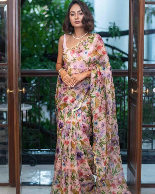 Pink Hand-embroidered Organza Silk Saree