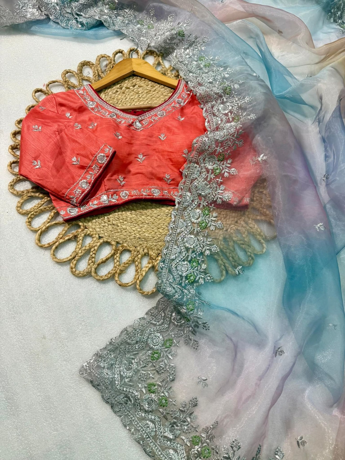 Soft Satin Organza Leheriya Saree with Silver Zari & Sequin Work