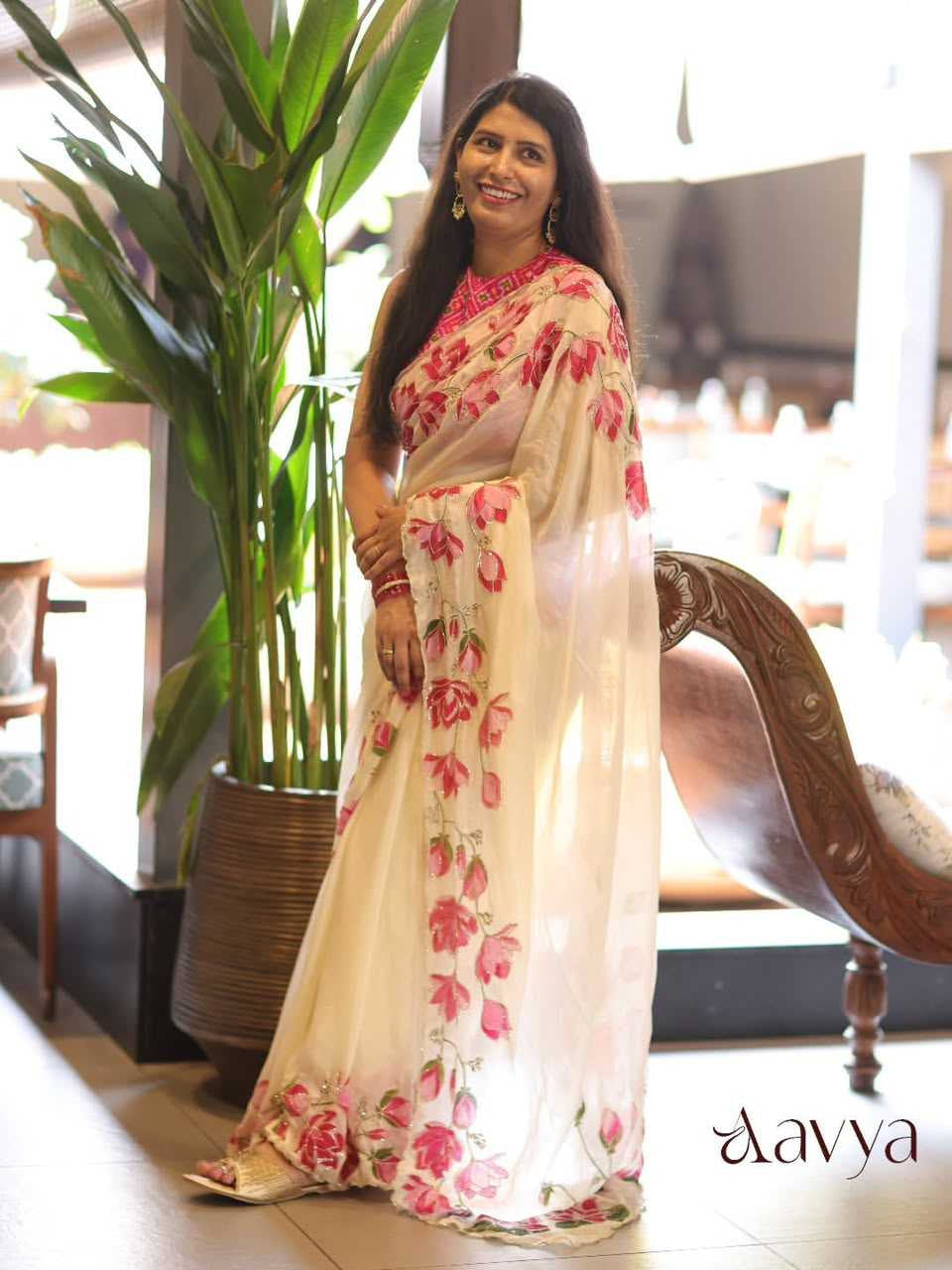 Premium Tabby Silk Saree with Floral Print, Beads & Katdana Handwork