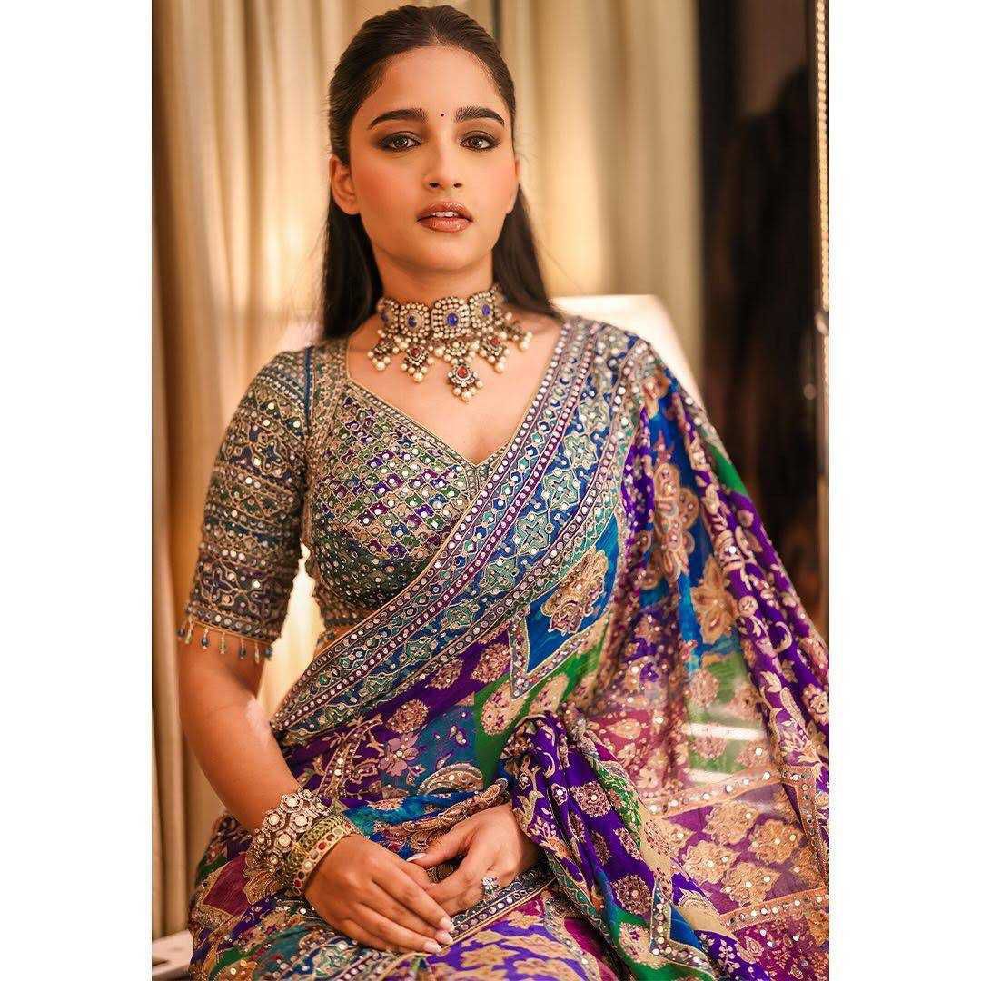 Digital Print Chinon Silk Saree with Real Mirror Work and Matching Blouse