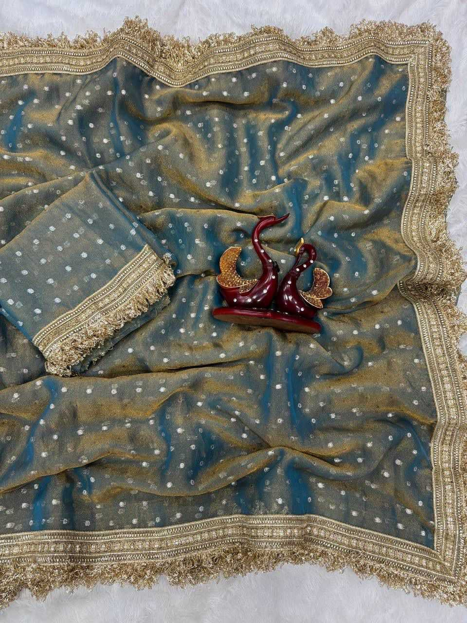 Premium Moss Silk Saree with Jacquard Butti Work & Fancy Lace Border