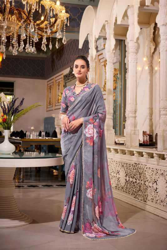 Georgette Printed Saree with Pearl Lace Border & Matching Blouse