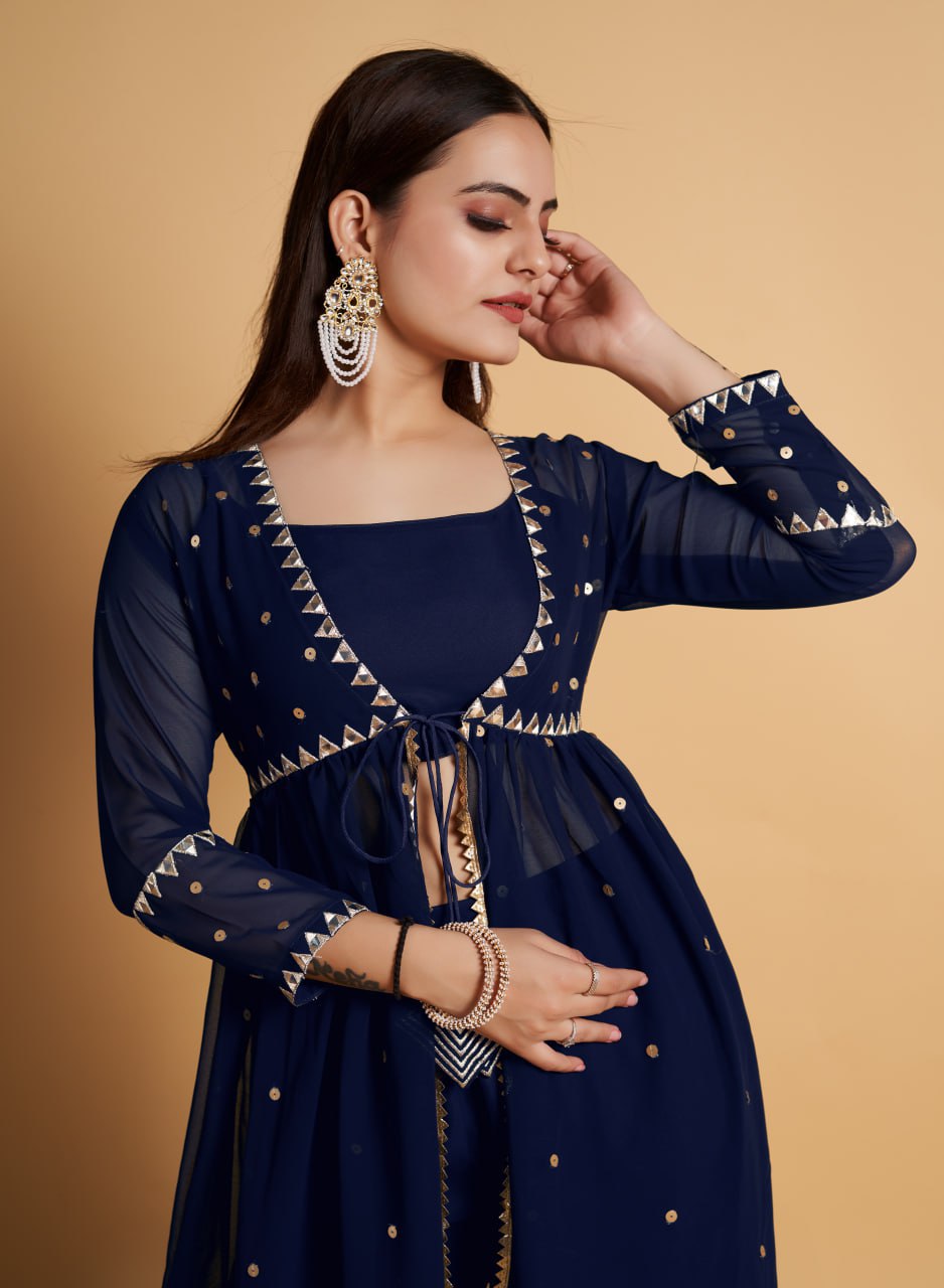 Blue Hand Embroidered Kurta & Palazzo With Dupatta